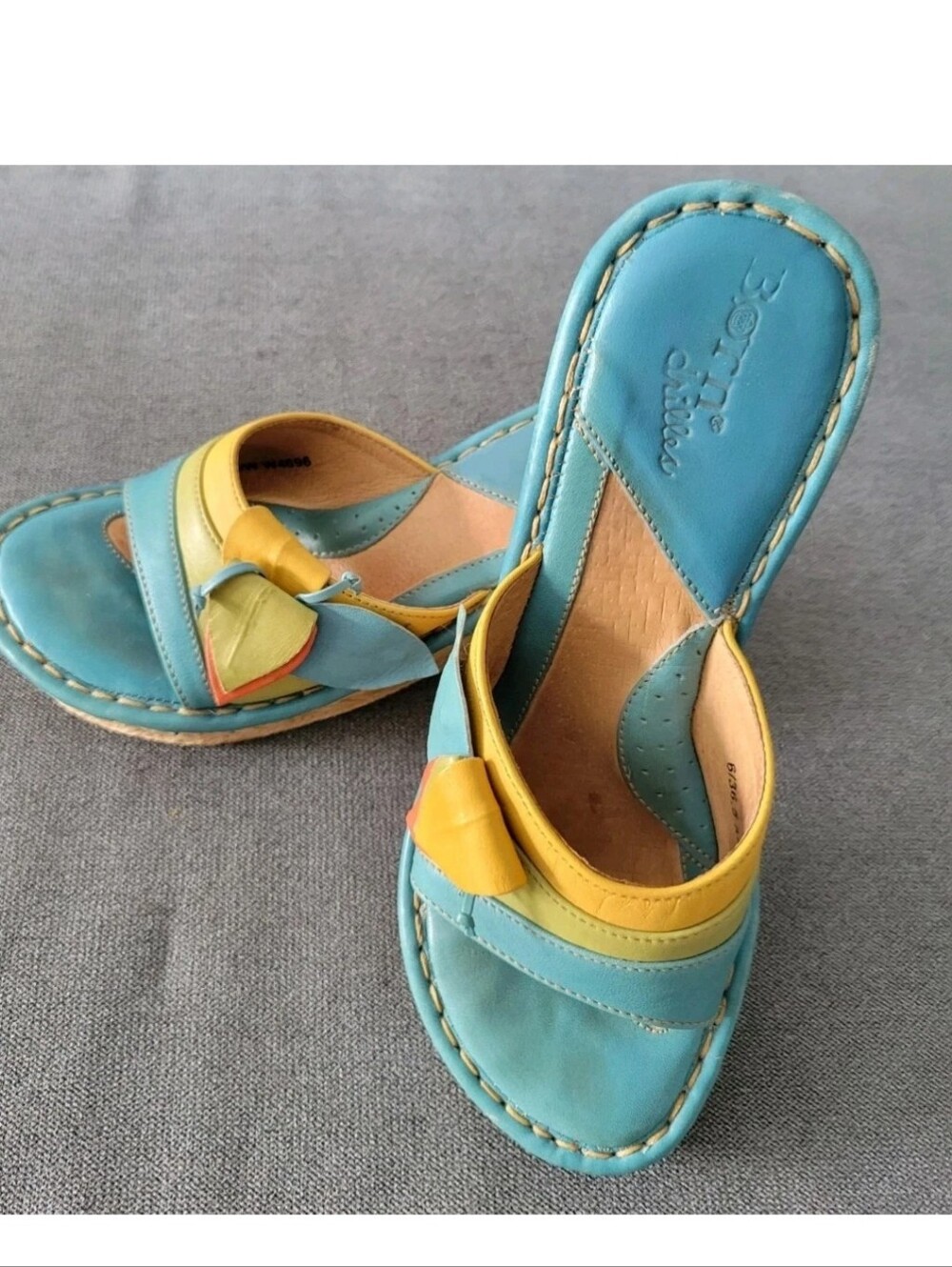 Born Turquoise and Yellow Leather Wedge Sandals